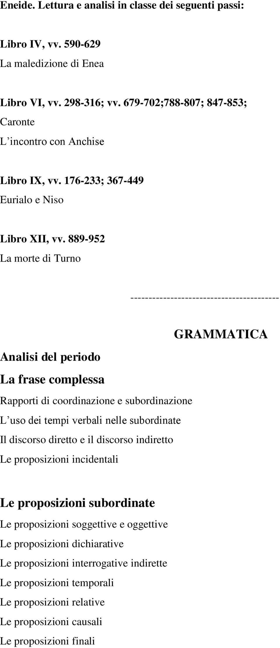 889-952 La morte di Turno GRAMMATICA Analisi del periodo La frase complessa Rapporti di coordinazione e subordinazione L uso dei tempi verbali nelle subordinate Il discorso