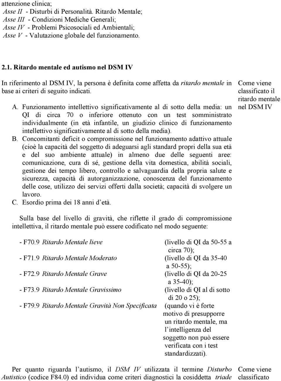 Ritardo mentale ed autismo nel DSM IV In riferimento al DSM IV, la persona è definita come affetta da ritardo mentale in base ai criteri di seguito indicati. A.