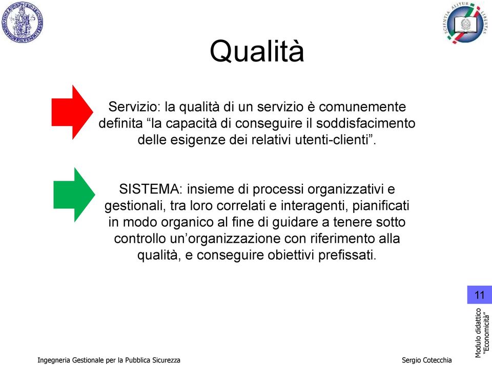 SISTEMA: insieme di processi organizzativi e gestionali, tra loro correlati e interagenti,