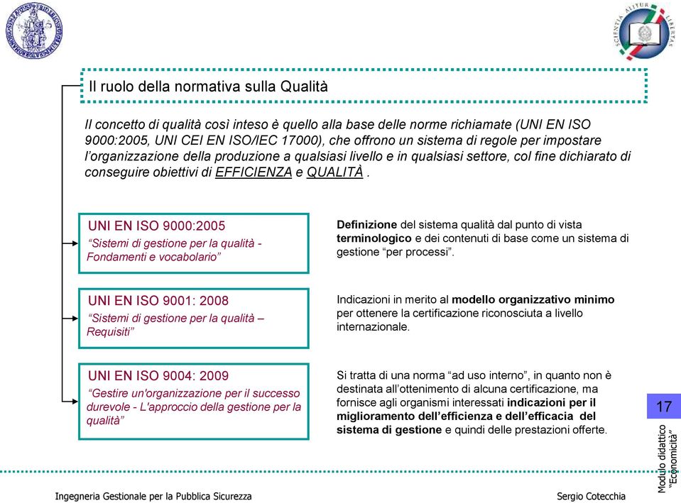 UNI EN ISO 9000:2005 Sistemi di gestione per la qualità - Fondamenti e vocabolario Definizione del sistema qualità dal punto di vista terminologico e dei contenuti di base come un sistema di gestione