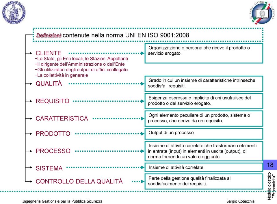 Grado in cui un insieme di caratteristiche intrinseche soddisfa i requisiti. Esigenza espressa o implicita di chi usufruisce del prodotto o del servizio erogato.