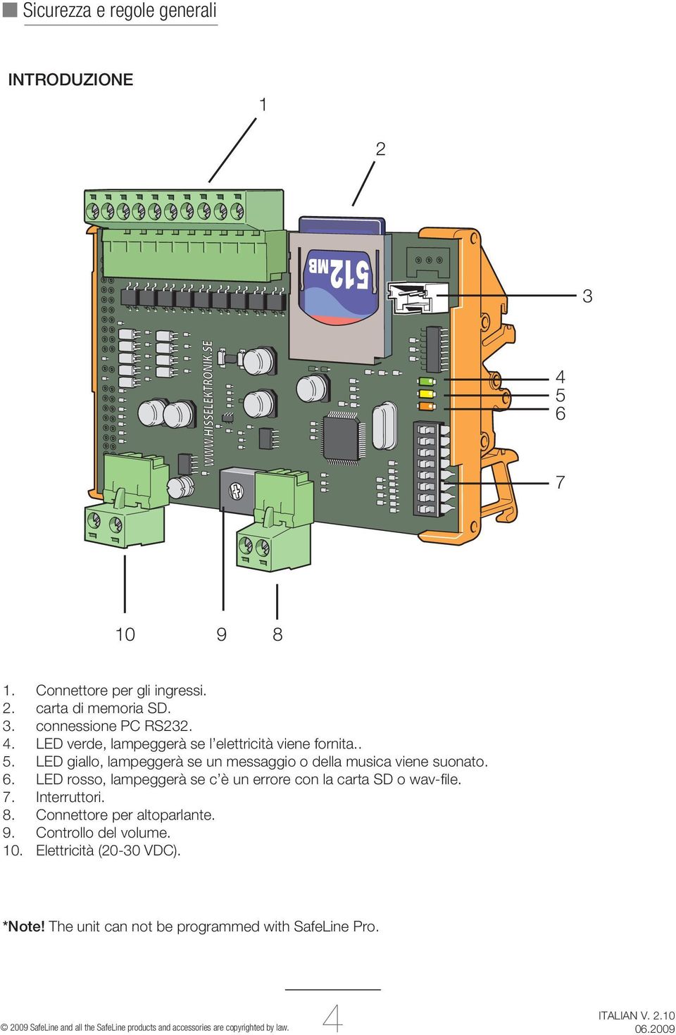 Interruttori. 8. Connettore per altoparlante. 9. Controllo del volume. 10. Elettricità (20-30 VDC). *Note!