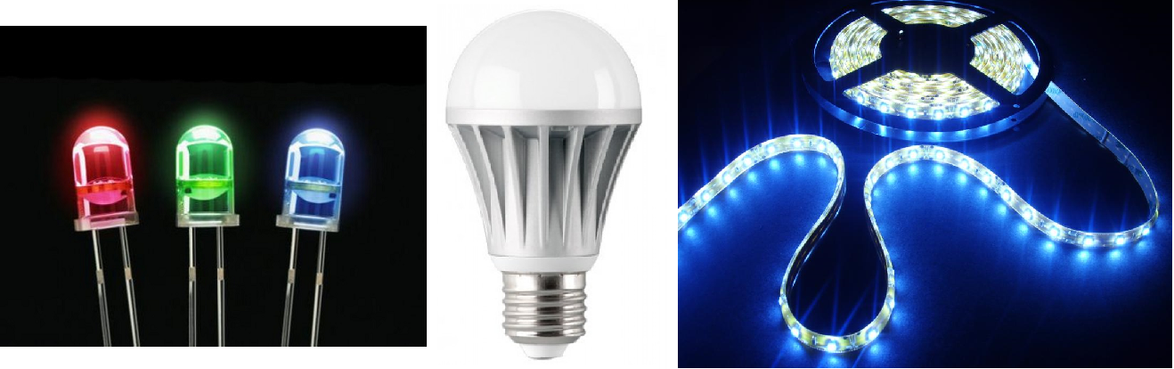 Figura 5: Lampadina a incandescenza (a sinistra) e a scarica ( a destra). Figura 6: Singoli LED di vari colori(a sinistra), lampadina a LED (al centro) e moderna striscia a LED (a destra).