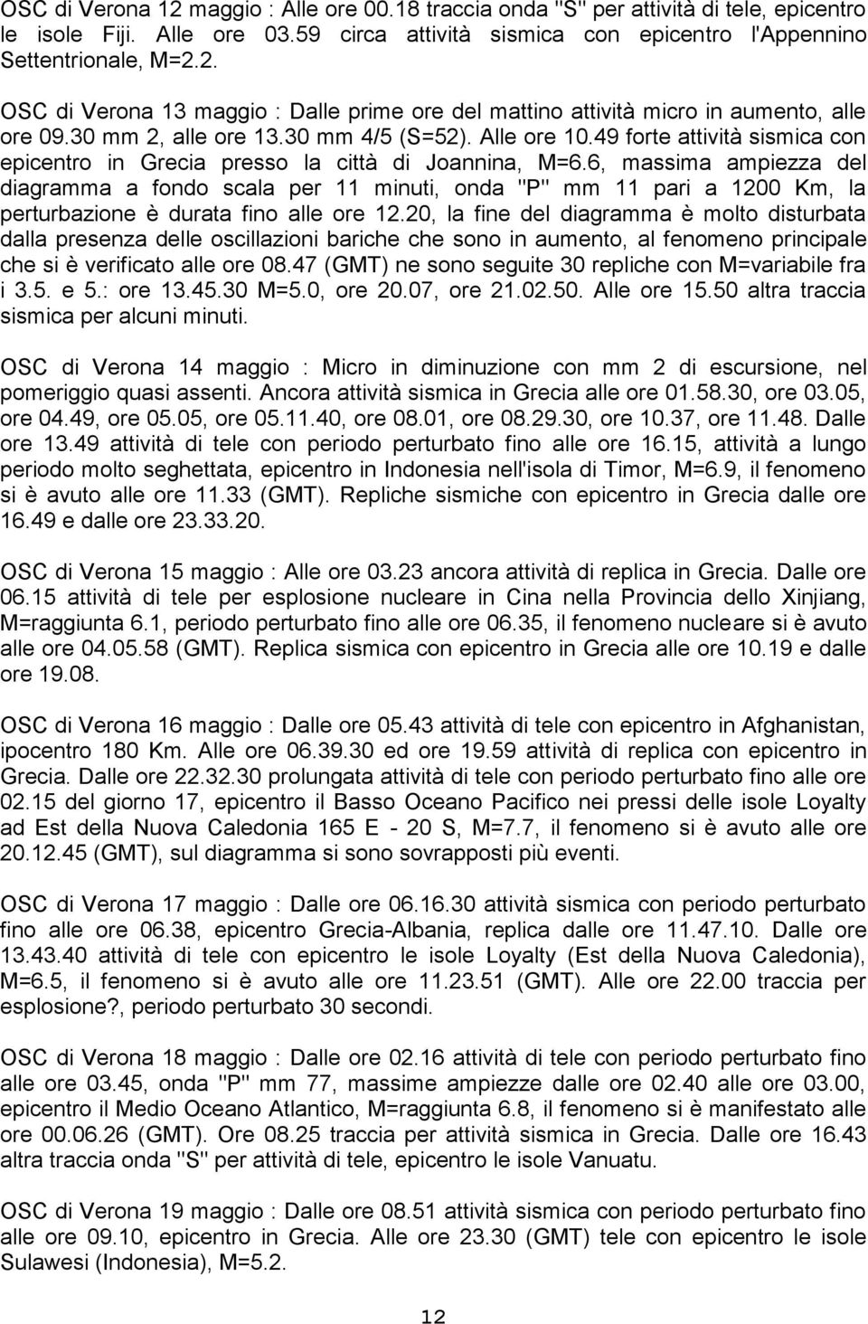 6, massima ampiezza del diagramma a fondo scala per 11 minuti, onda "P" mm 11 pari a 1200 Km, la perturbazione è durata fino alle ore 12.