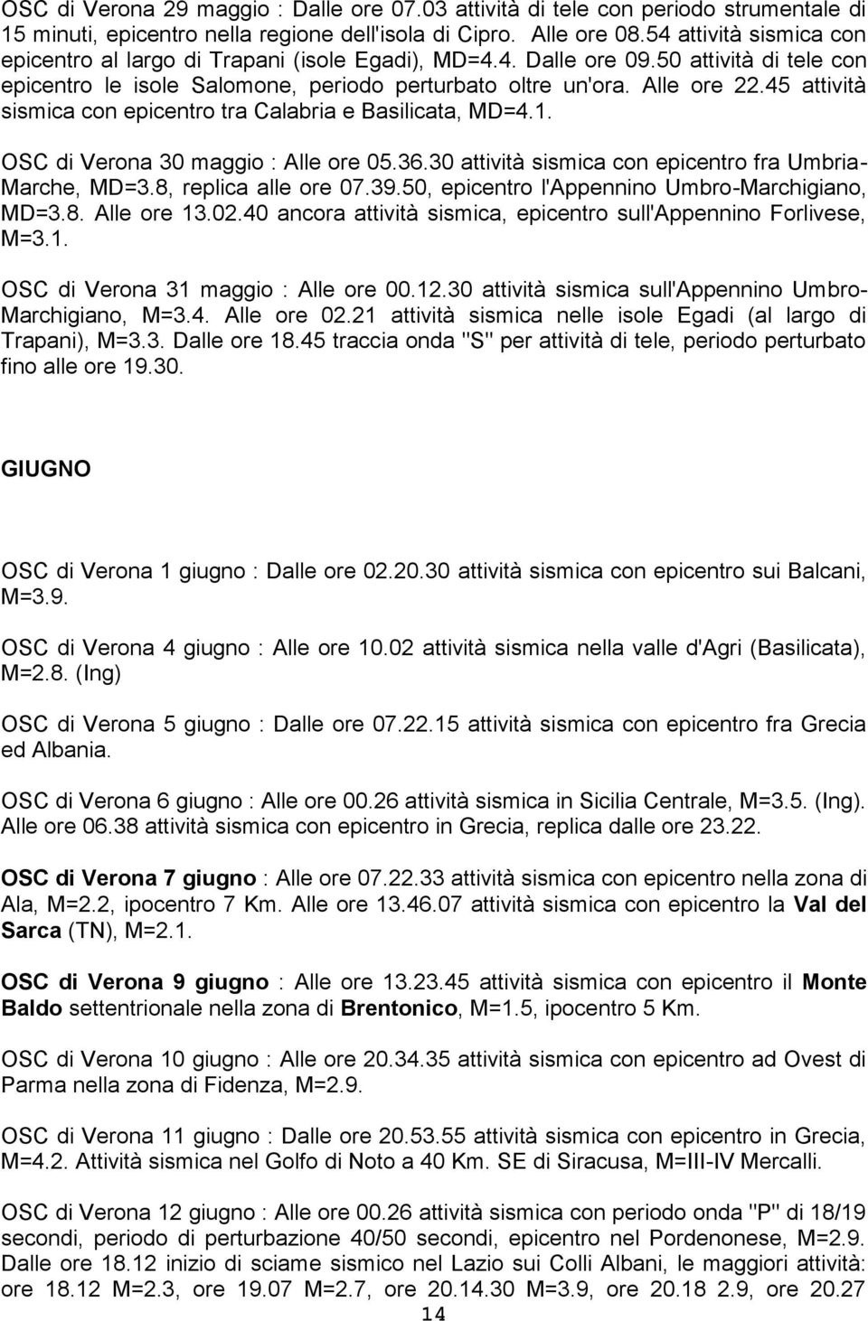 45 attività sismica con epicentro tra Calabria e Basilicata, MD=4.1. OSC di Verona 30 maggio : Alle ore 05.36.30 attività sismica con epicentro fra Umbria- Marche, MD=3.8, replica alle ore 07.39.