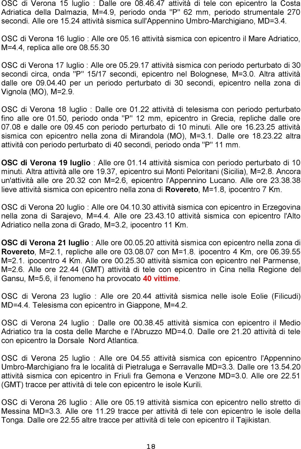 30 OSC di Verona 17 luglio : Alle ore 05.29.17 attività sismica con periodo perturbato di 30 secondi circa, onda "P" 15/17 secondi, epicentro nel Bolognese, M=3.0. Altra attività dalle ore 09.04.