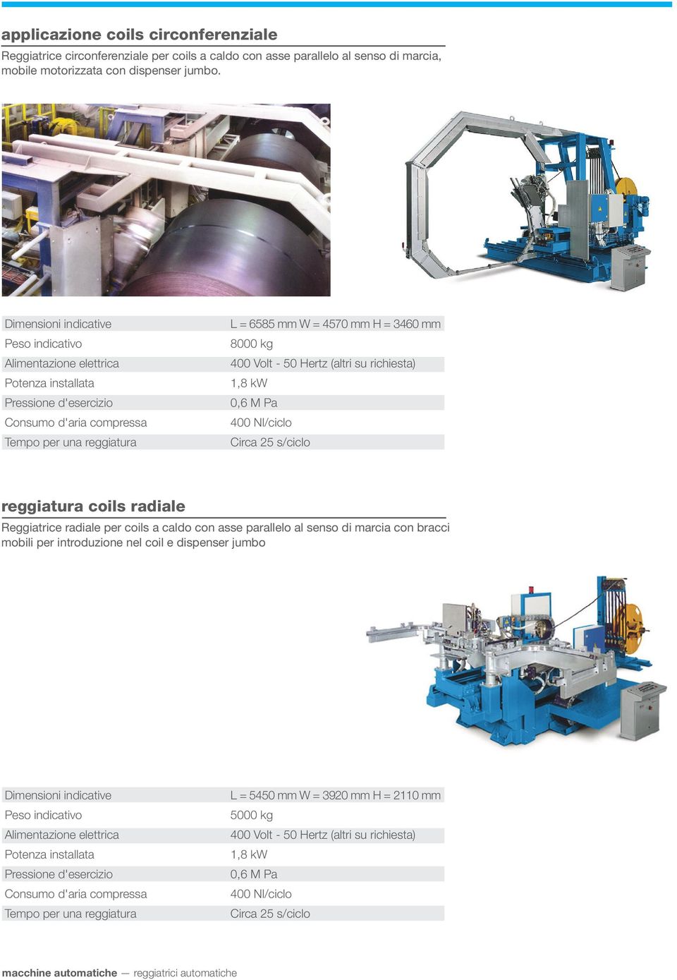 Dimensioni indicative L = 6585 mm W = 4570 mm H = 3460 mm 8000 kg 1,8 kw 400 Nl/ciclo Circa 25 s/ciclo reggiatura coils radiale Reggiatrice