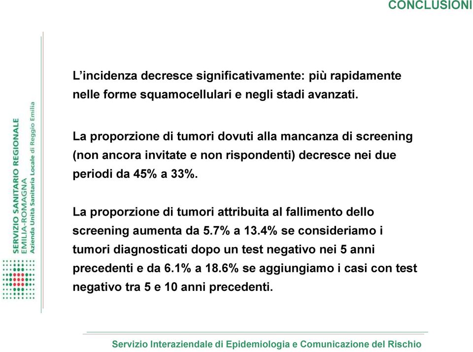 45% a 33%. La proporzione di tumori attribuita al fallimento dello screening aumenta da 5.7% a 13.