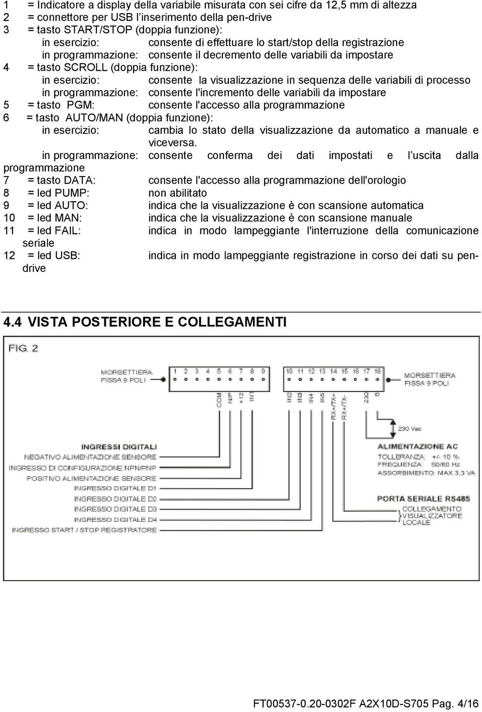 visualizzazione in sequenza delle variabili di processo in programmazione: consente l'incremento delle variabili da impostare 5 = tasto PGM: consente l'accesso alla programmazione 6 = tasto AUTO/MAN