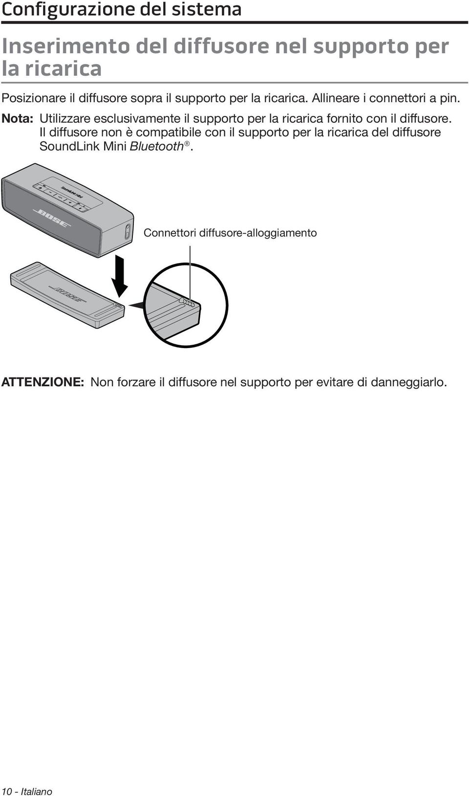 Nota: Utilizzare esclusivamente il supporto per la ricarica fornito con il diffusore.