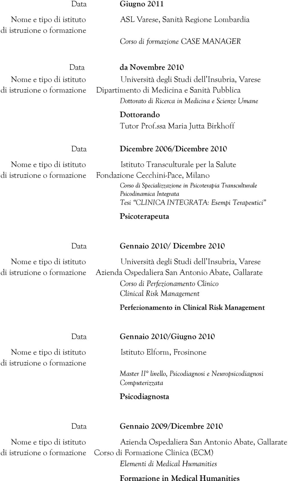 ssa Maria Jutta Birkhoff Data Dicembre 2006/Dicembre 2010 Istituto Transculturale per la Salute Fondazione Cecchini-Pace, Milano Corso di Specializzazione in Psicoterapia Transculturale Psicodinamica