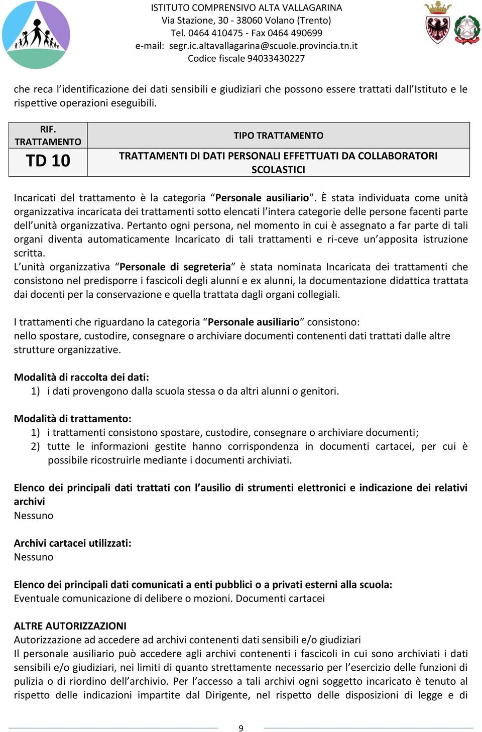 È stata individuata come unità organizzativa incaricata dei trattamenti sotto elencati l intera categorie delle persone facenti parte dell unità organizzativa.