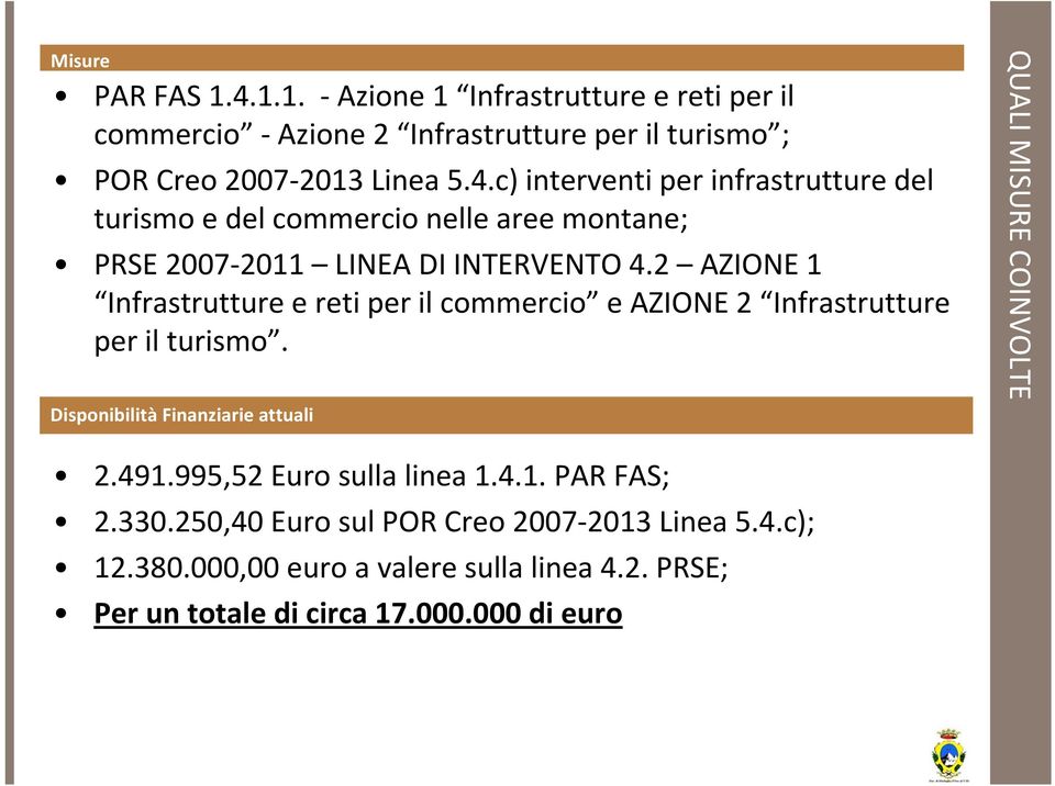 491.995,52 Euro sulla linea 1.4.1. PAR FAS; 2.330.250,40 Euro sul POR Creo 2007 2013 Linea 5.4.c); 12.380.000,00 euro a valere sulla linea 4.2. PRSE; Per un totale di circa 17.