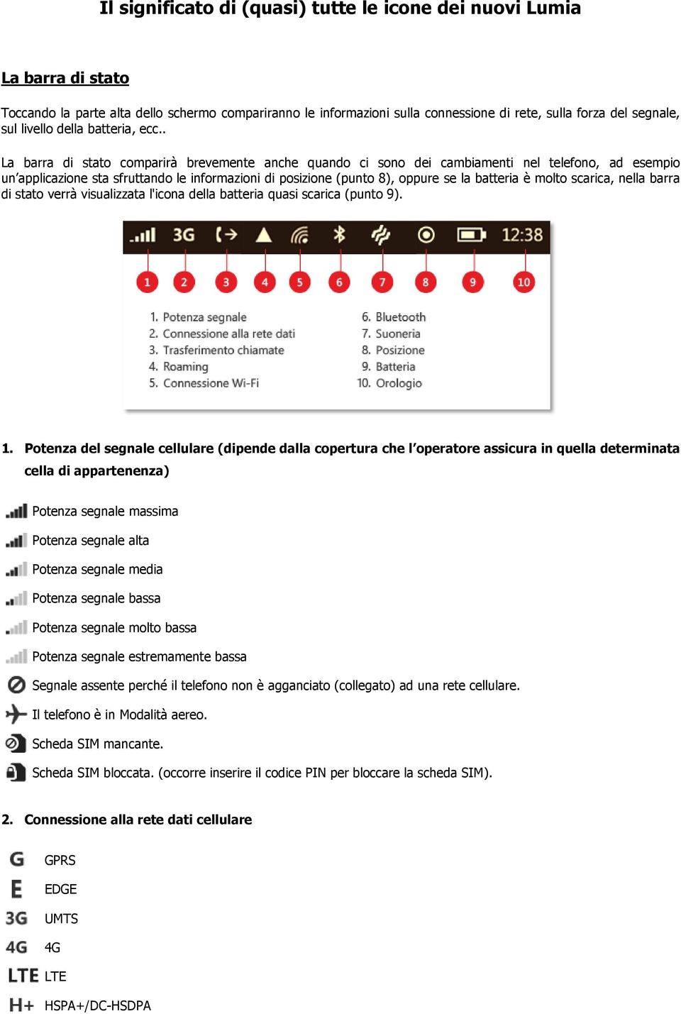 . La barra di stato comparirà brevemente anche quando ci sono dei cambiamenti nel telefono, ad esempio un applicazione sta sfruttando le informazioni di posizione (punto 8), oppure se la batteria è