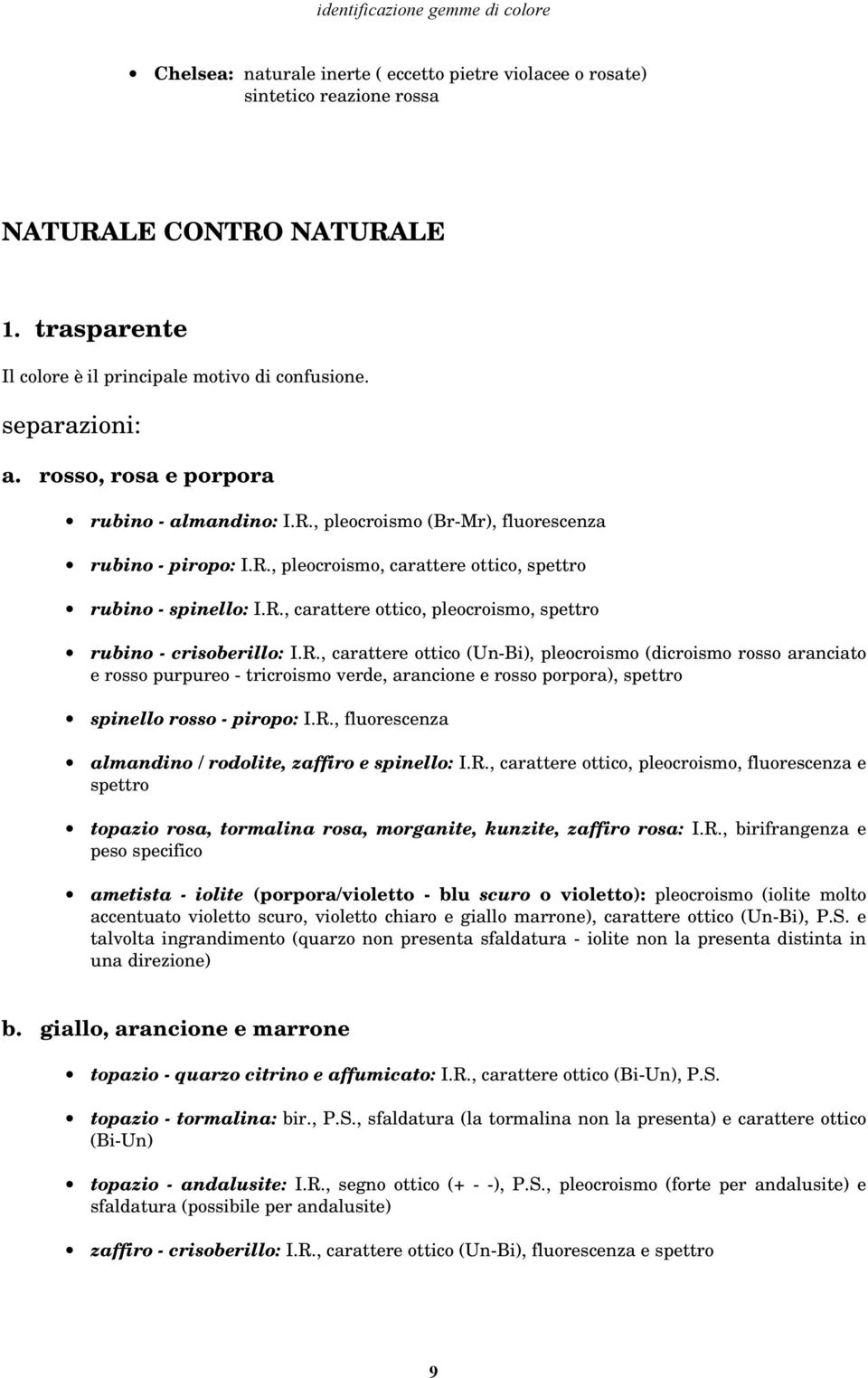 R., carattere ottico (Un-Bi), pleocroismo (dicroismo rosso aranciato e rosso purpureo - tricroismo verde, arancione e rosso porpora), spettro spinello rosso - piropo: I.R., fluorescenza almandino / rodolite, zaffiro e spinello: I.