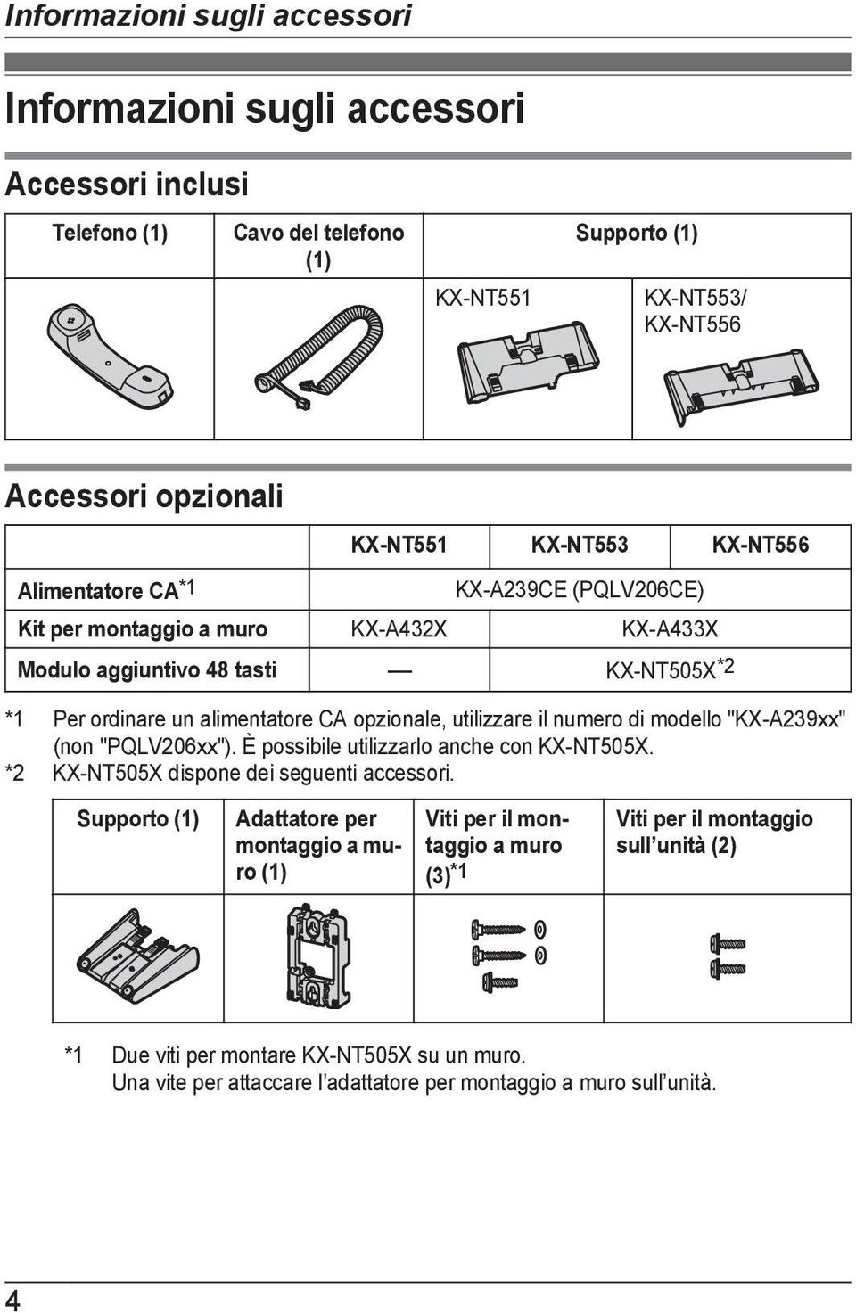 il numero di modello "KX-A239xx" (non "PQLV206xx"). È possibile utilizzarlo anche con KX-NT505X. *2 KX-NT505X dispone dei seguenti accessori.