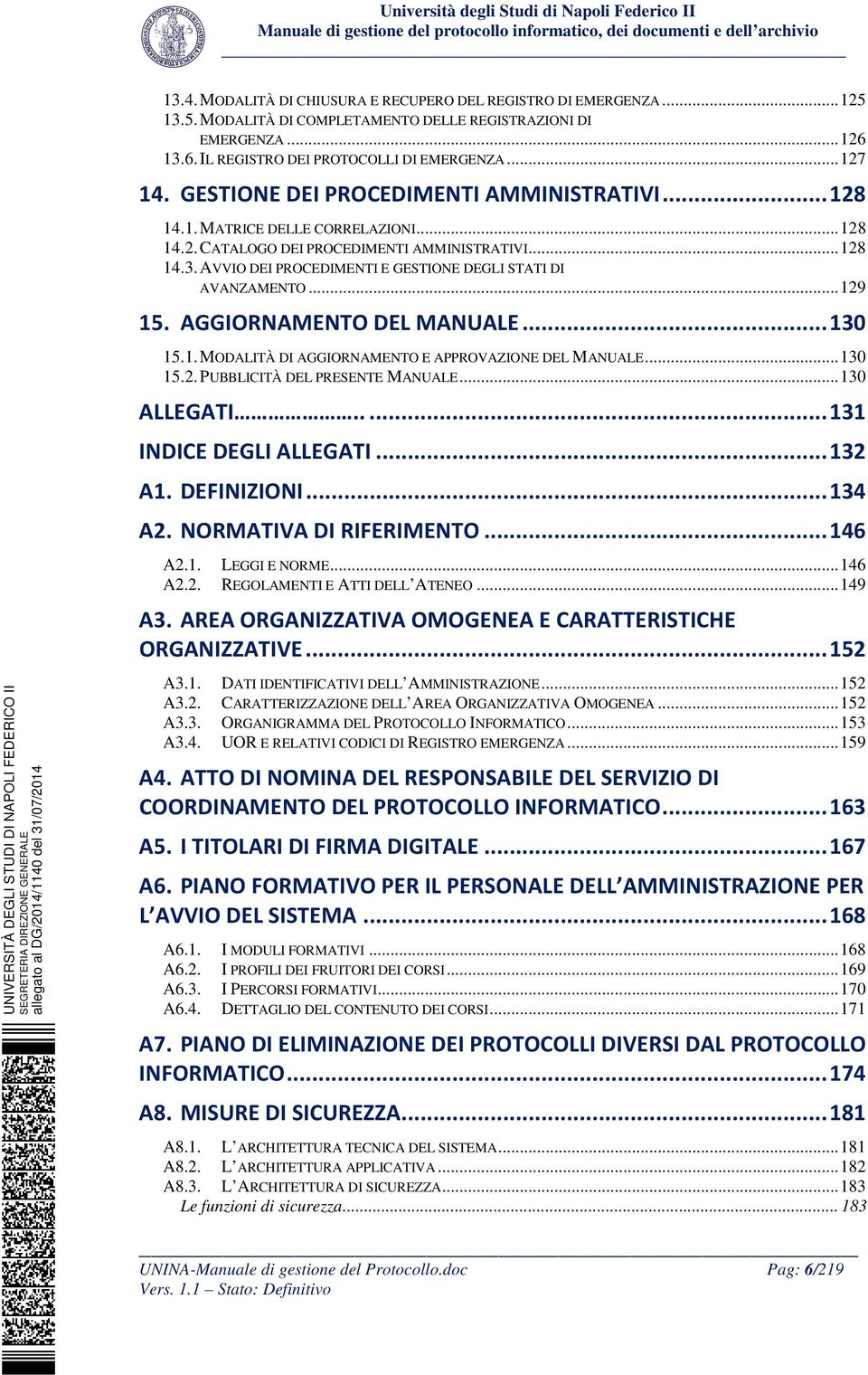 .. 129 15. AGGIORNAMENTO DEL MANUALE... 130 15.1. MODALITÀ DI AGGIORNAMENTO E APPROVAZIONE DEL MANUALE... 130 15.2. PUBBLICITÀ DEL PRESENTE MANUALE... 130 ALLEGATI..... 131 INDICE DEGLI ALLEGATI.