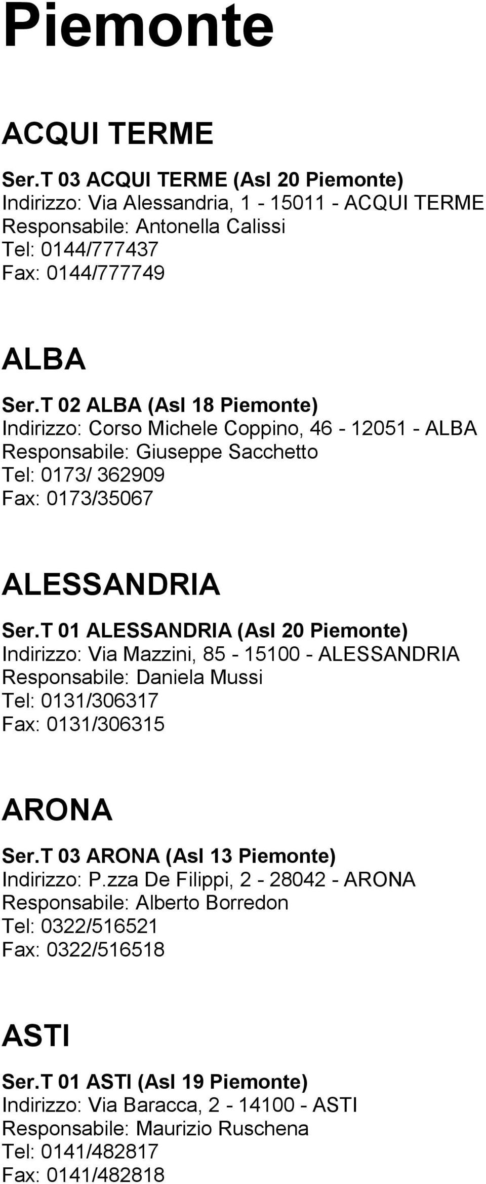 T 01 ALESSANDRIA (Asl 20 Piemonte) Indirizzo: Via Mazzini, 85-15100 - ALESSANDRIA Responsabile: Daniela Mussi Tel: 0131/306317 Fax: 0131/306315 ARONA Ser.