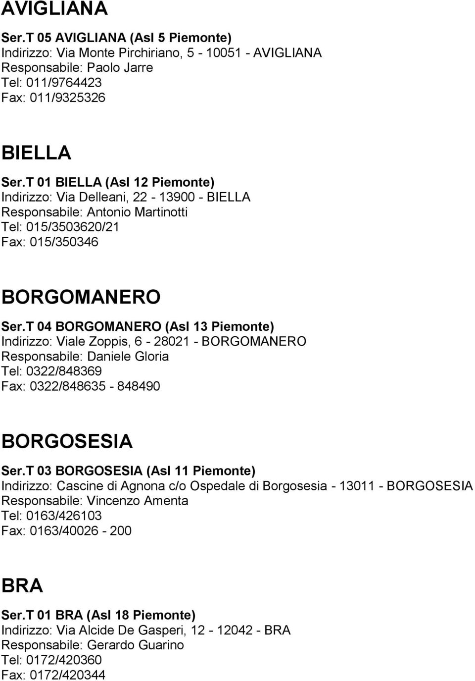 T 04 BORGOMANERO (Asl 13 Piemonte) Indirizzo: Viale Zoppis, 6-28021 - BORGOMANERO Responsabile: Daniele Gloria Tel: 0322/848369 Fax: 0322/848635-848490 BORGOSESIA Ser.