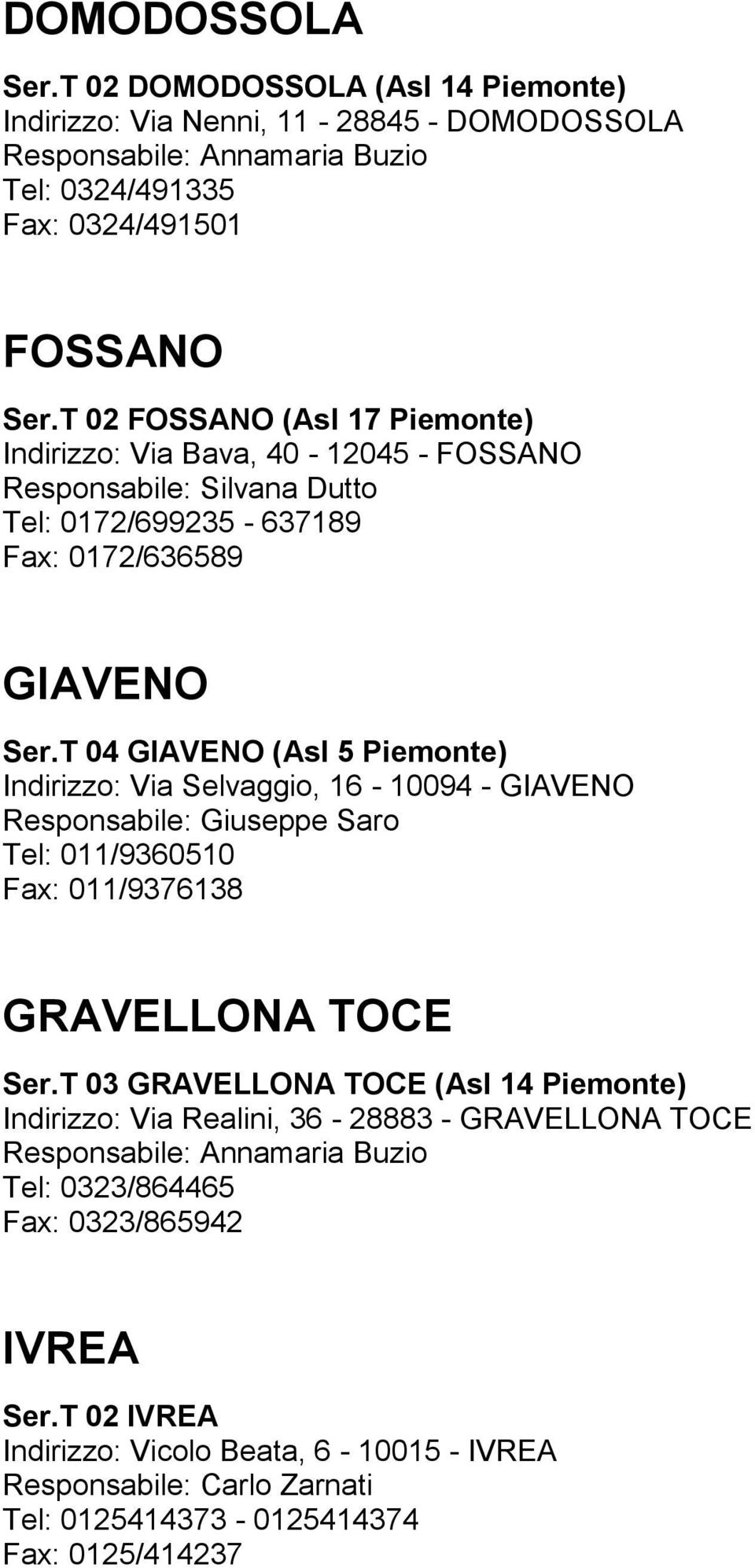 T 04 GIAVENO (Asl 5 Piemonte) Indirizzo: Via Selvaggio, 16-10094 - GIAVENO Responsabile: Giuseppe Saro Tel: 011/9360510 Fax: 011/9376138 GRAVELLONA TOCE Ser.