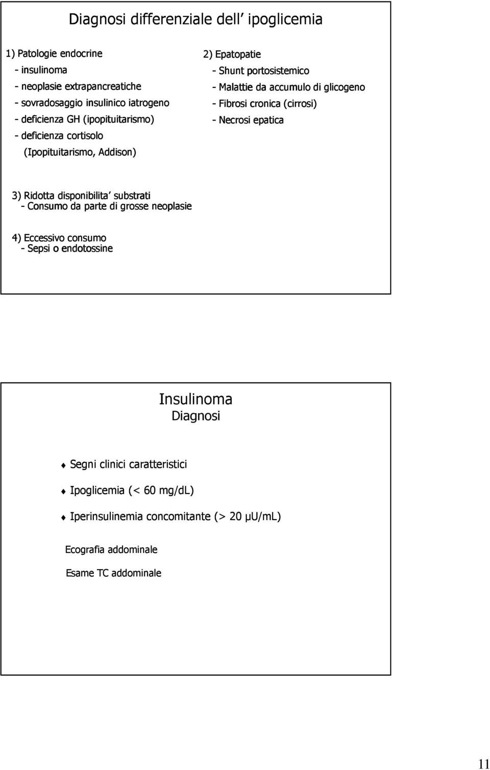 cronica (cirrosi) - Necrosi epatica 3) Ridotta disponibilita substrati - Consumo da parte di grosse neoplasie 4) Eccessivo consumo - Sepsi o endotossine