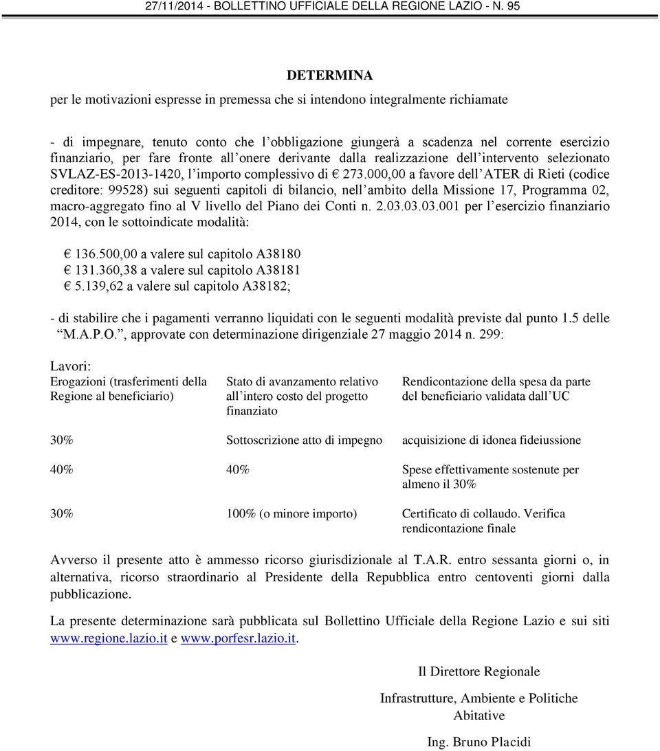 000,00 a favore dell ATER di Rieti (codice creditore: 99528) sui seguenti capitoli di bilancio, nell ambito della Missione 17, Programma 02, macro-aggregato fino al V livello del Piano dei Conti n. 2.