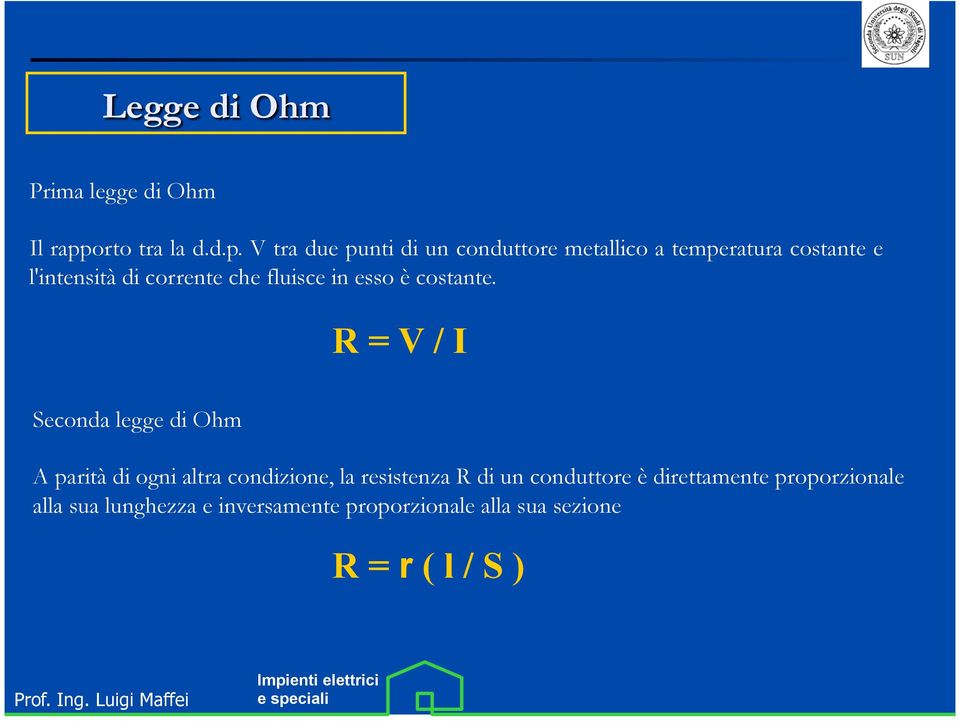 V tra due punti di un conduttore metallico a temperatura costante e l'intensità di corrente che