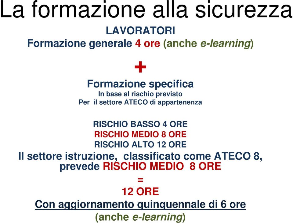 MEDIO 8 ORE RISCHIO ALTO 12 ORE Il settore istruzione, classificato come ATECO 8,