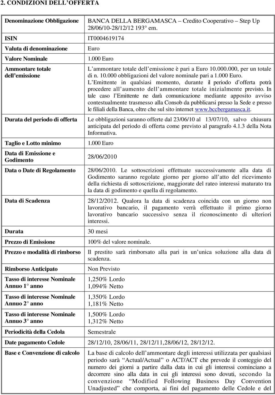 interesse Nominale Annuo 2 anno Tasso di interesse Nominale Annuo 3 anno Periodicità della Cedola BANCA DELLA BERGAMASCA Credito Cooperativo Step Up 28/06/10-28/12/12 193 em. IT0004619174 Euro 1.