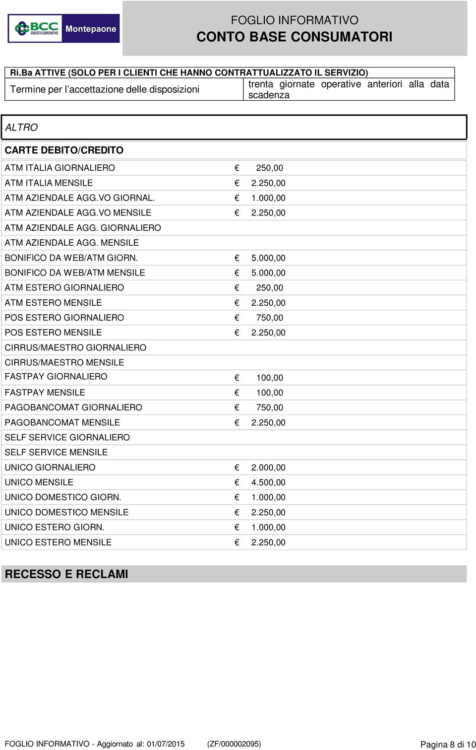 MENSILE BONIFICO DA WEB/ATM GIORN. 5.000,00 BONIFICO DA WEB/ATM MENSILE 5.000,00 ATM ESTERO GIORNALIERO 250,00 ATM ESTERO MENSILE 2.250,00 POS ESTERO GIORNALIERO 750,00 POS ESTERO MENSILE 2.