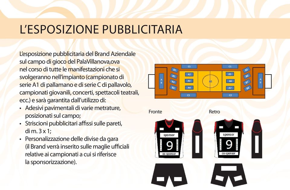 ) e sarà garantita dall utilizzo di: Adesivi pavimentali di varie metrature, posizionati sul campo; Striscioni pubblicitari affissi sulle pareti, di m.