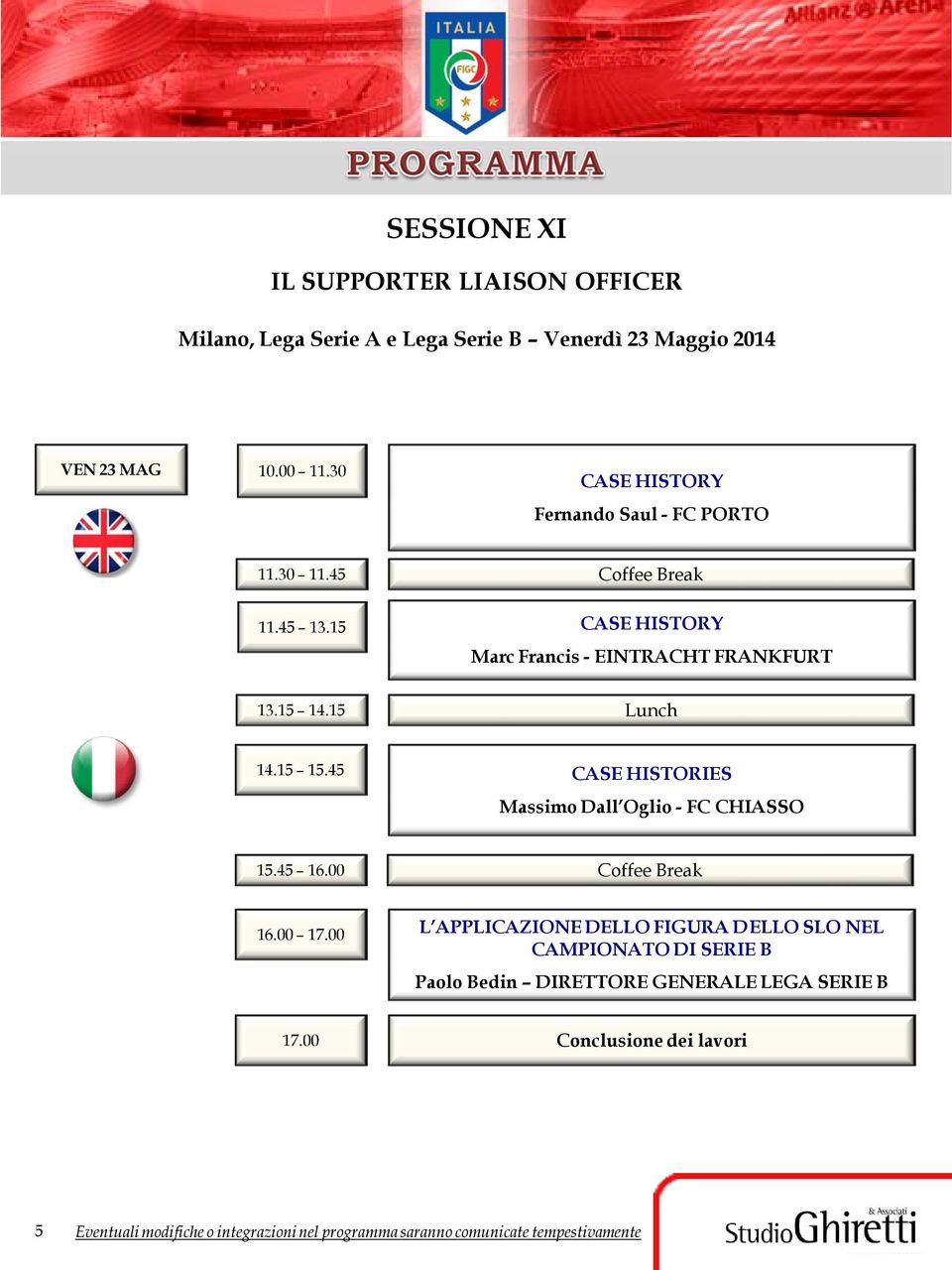 45 CASE HISTORIES Massimo Dall Oglio - FC CHIASSO 15.45 16.00 Coffee Break 16.00 17.