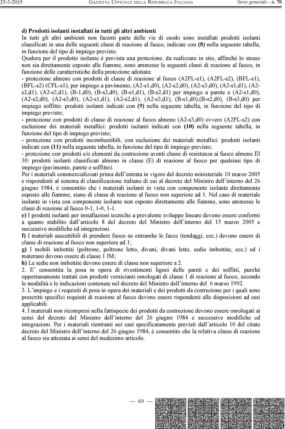 Qualora per il prodotto isolante è prevista una protezione, da realizzare in sito, affinché lo stesso non sia direttamente esposto alle fiamme, sono ammesse le seguenti classi di reazione al fuoco,