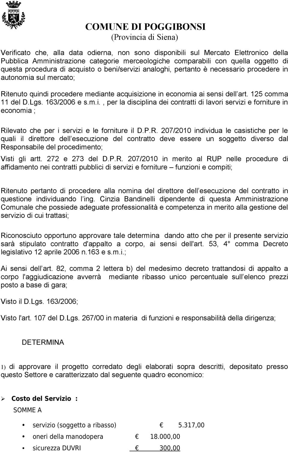 P.R. 207/2010 individua le casistiche per le quali il direttore dell esecuzione del contratto deve essere un soggetto diverso dal Responsabile del procedimento; Visti gli artt. 272 e 273 del D.P.R.