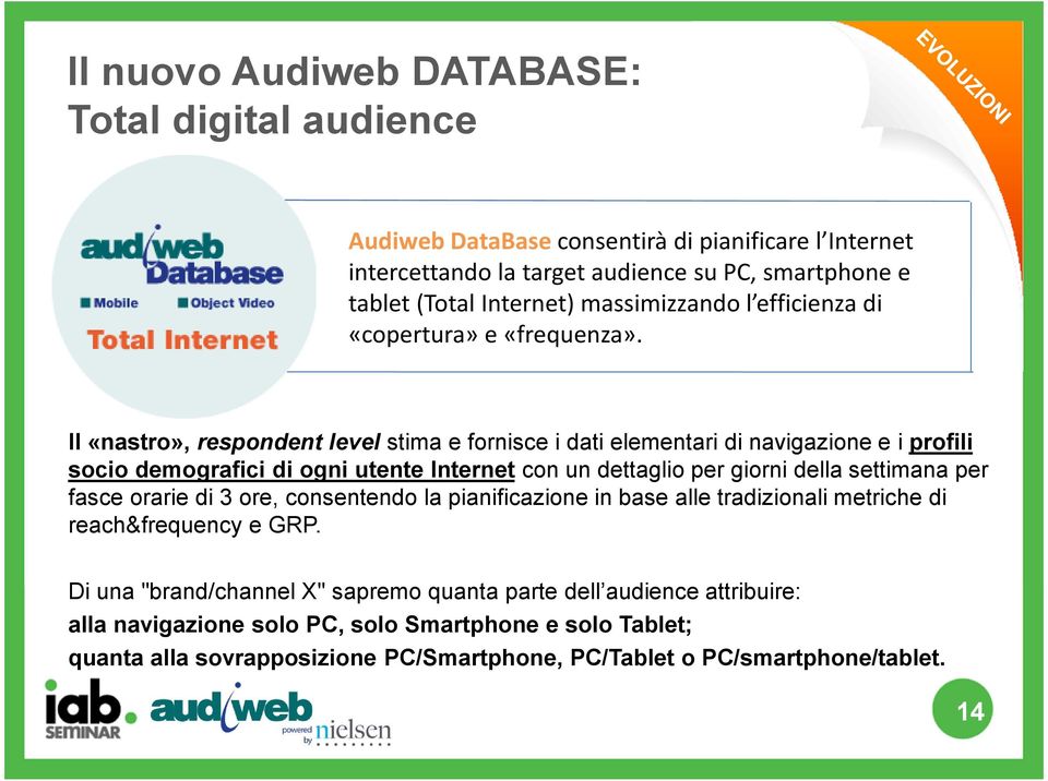 Il «nastro», respondent level stima e fornisce i dati elementari di navigazione e i profili socio demografici di ogni utente Internet con un dettaglio per giorni della settimana per