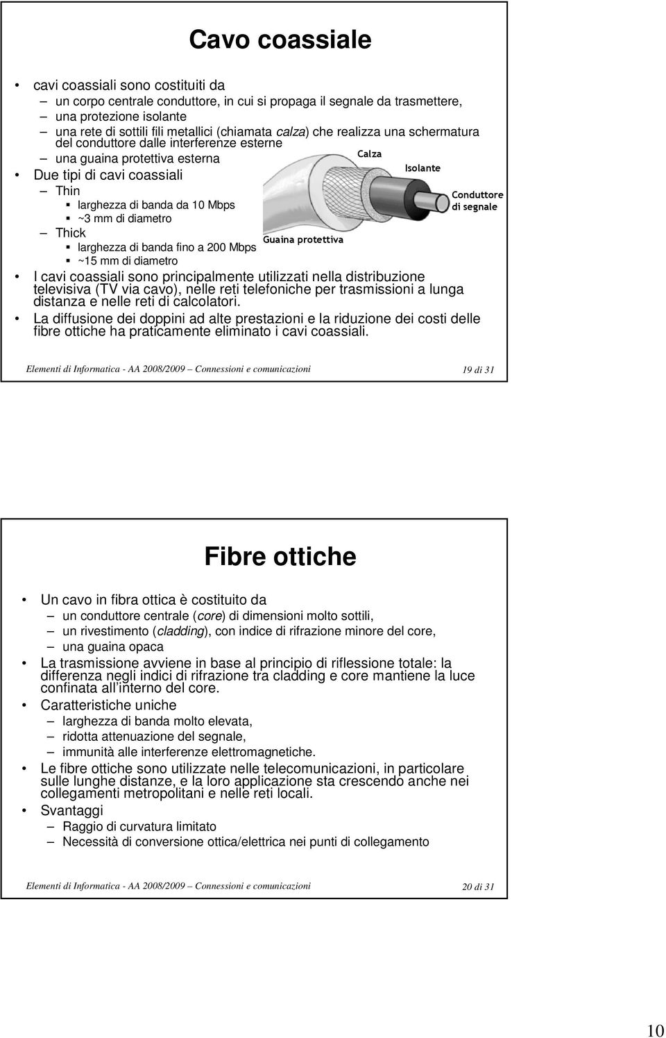 banda fino a 200 Mbps ~15 mm di diametro Guaina protettiva Calza Isolante Conduttore di segnale I cavi coassiali sono principalmente utilizzati nella distribuzione televisiva (TV via cavo), nelle