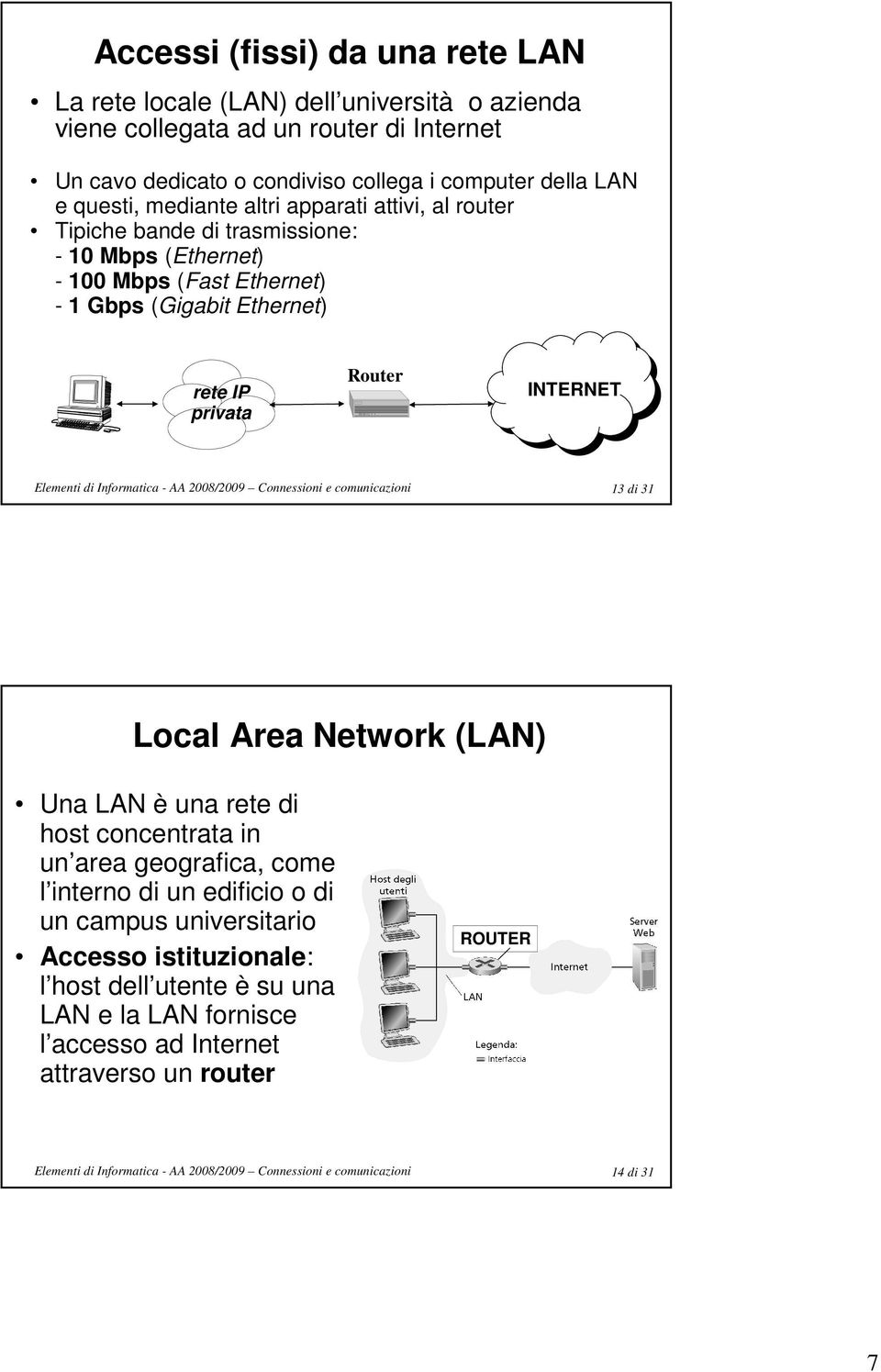 (Gigabit Ethernet) rete IP privata Router INTERNET 13 di 31 Local Area Network (LAN) Una LAN è una rete di host concentrata in un area geografica, come l interno di