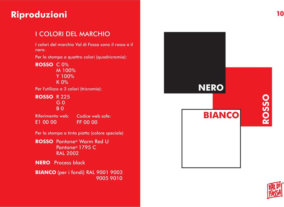 100% K 0% R 225 G 0 B 0 Riferimento web: E1 00 00 Codice web safe: FF 00 00 Per la stampa a tinta piatta (colore