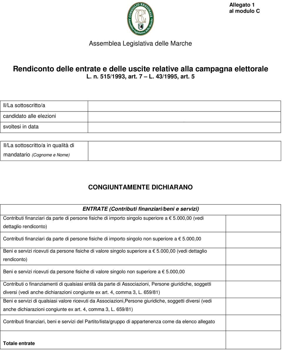 Contributi finanziari da parte di persone fisiche di importo singolo superiore a 5.