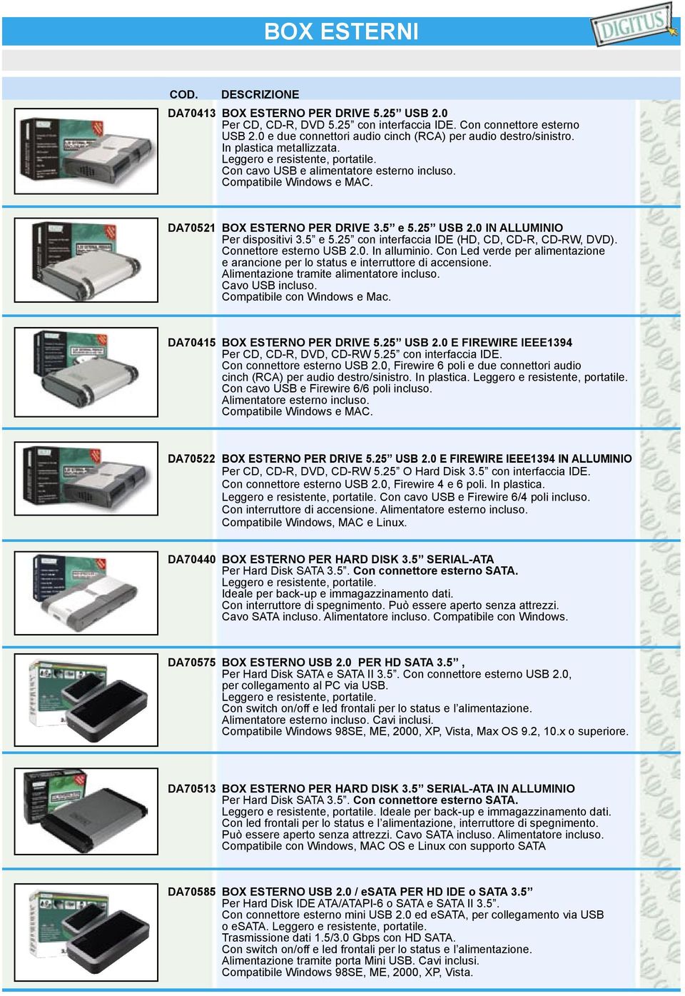 Connettore esterno USB 2.0. In alluminio. Con Led verde per alimentazione e arancione per lo status e interruttore di accensione. Alimentazione tramite alimentatore incluso. Cavo USB incluso.