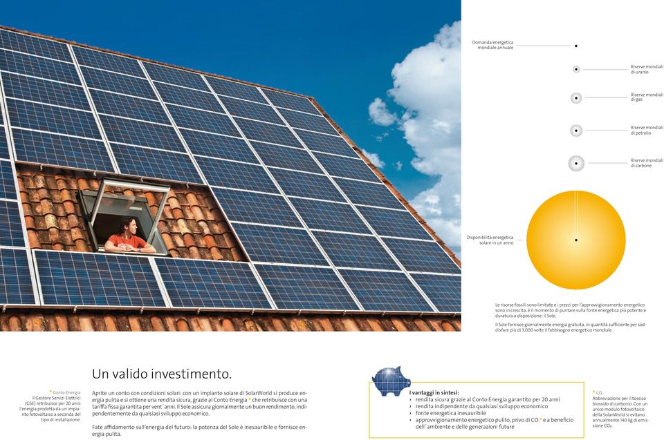 puntare sulla fonte energetica più potente e duratura a disposizione: il Sole. Il Sole fornisce giornalmente energia gratuita, in quantità sufficiente per soddisfare più di 3.