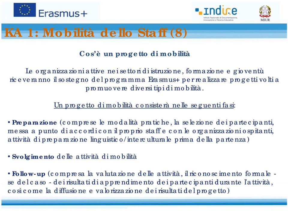 Un progetto di mobilità consisterà nelle seguenti fasi: Preparazione (comprese le modalità pratiche, la selezione dei partecipanti, messa a punto di accordi con il proprio staff e con le