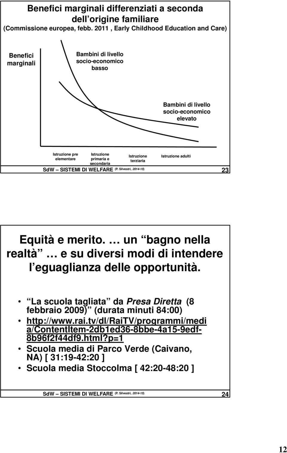 elementare primaria e terziaria secondaria SdW SISTEMI DI WELFARE (P. Silvestri, 2014-15) 23 Equità e merito. un bagno nella realtà e su diversi modi di intendere l eguaglianza delle opportunità.