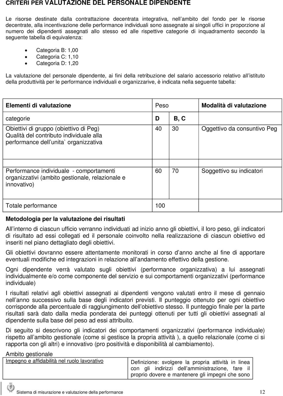 equivalenza: Categoria B: 1,00 Categoria C: 1,10 Categoria D: 1,20 La valutazione del personale dipendente, ai fini della retribuzione del salario accessorio relativo all istituto della produttività