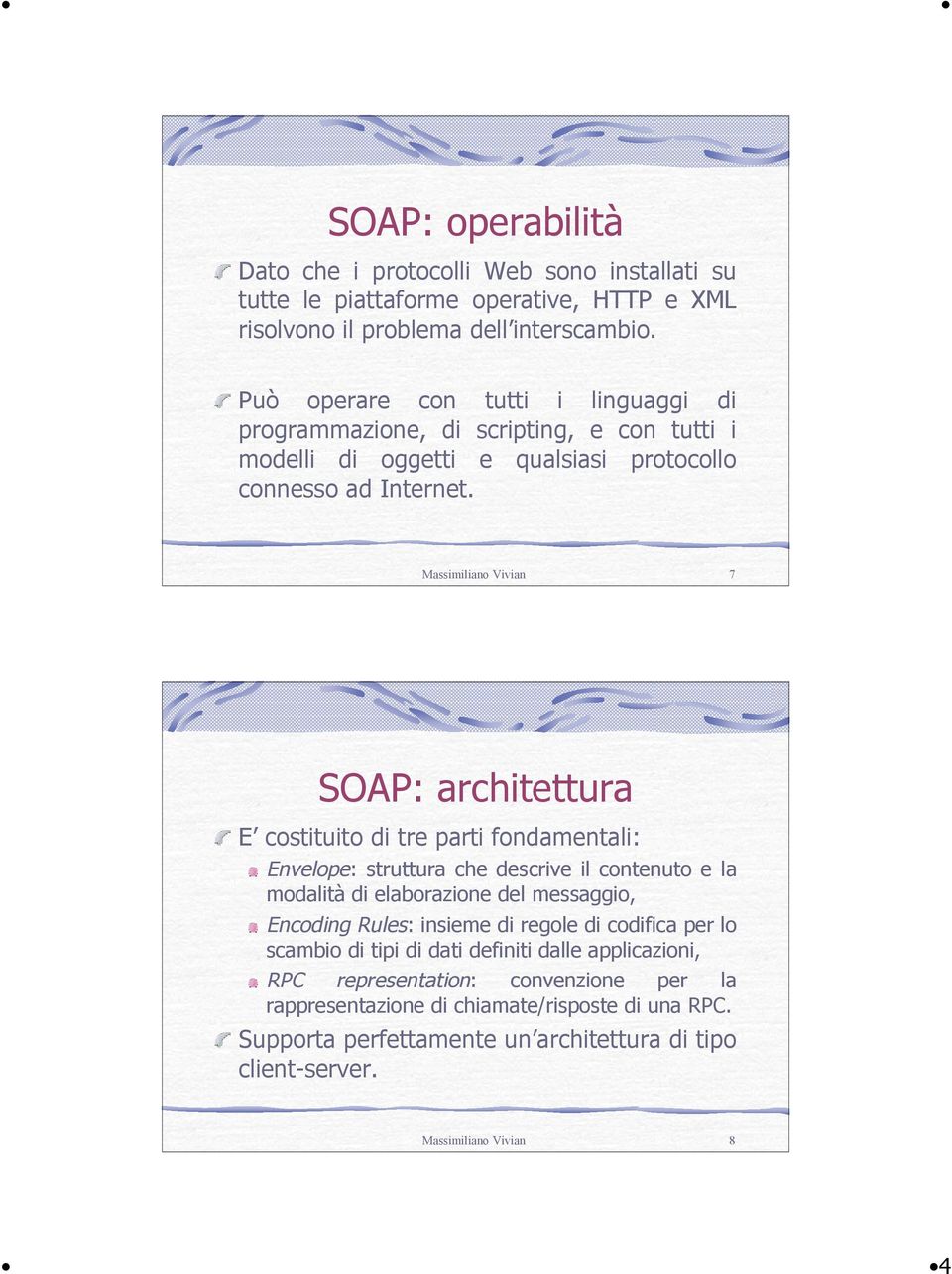 Massimiliano Vivian 7 SOAP: architettura E costituito di tre parti fondamentali: Envelope: struttura che descrive il contenuto e la modalità di elaborazione del messaggio, Encoding