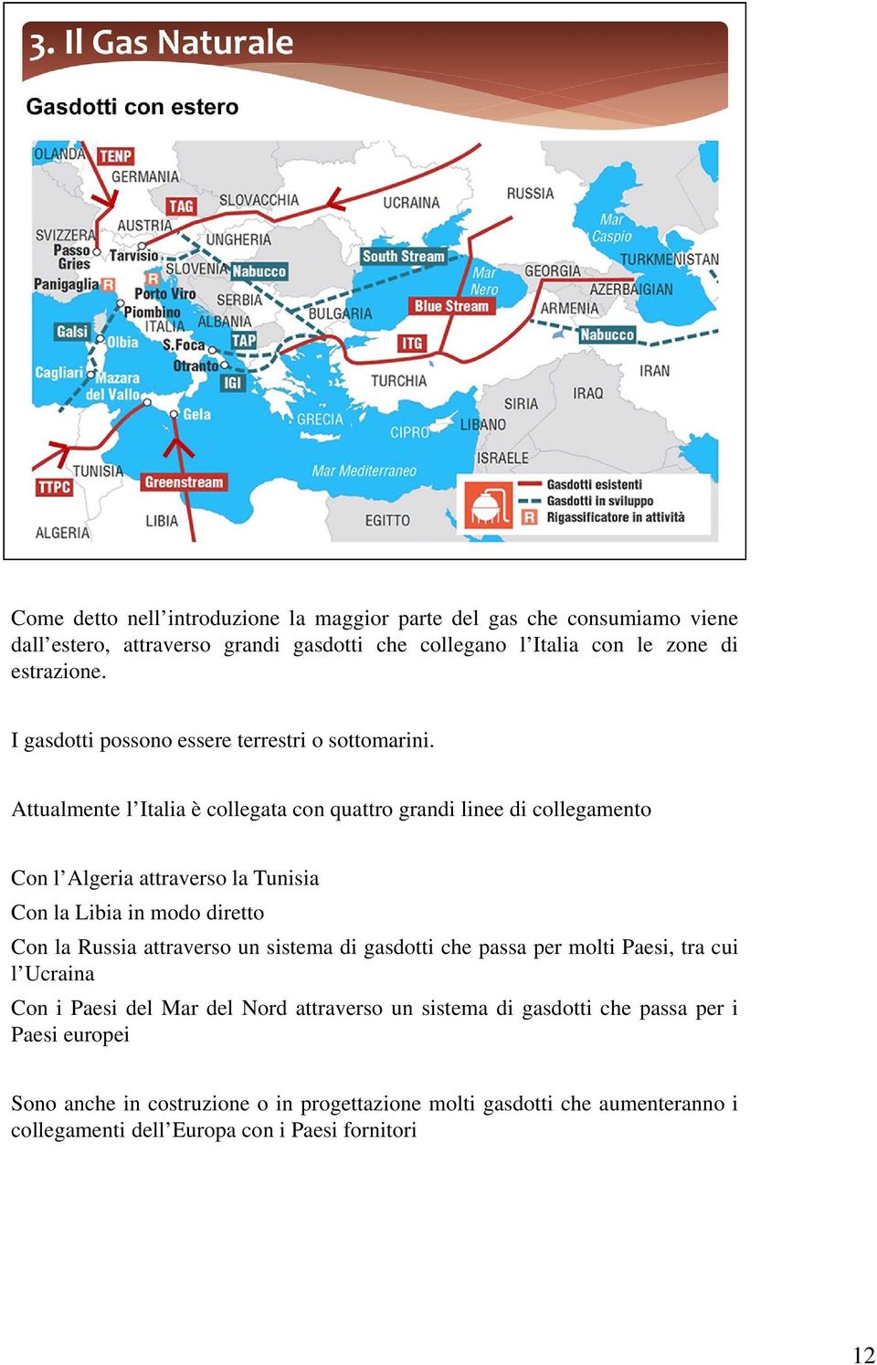 Attualmente l Italia è collegata con quattro grandi linee di collegamento Con l Algeria attraverso la Tunisia Con la Libia in modo diretto Con la Russia attraverso un