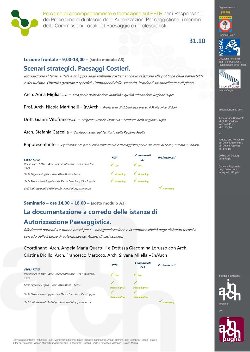 Anna Migliaccio Area per le Politiche della Mobilità e qualità urbana della Regione Puglia Prof. Arch. Nicola Martinelli In/Arch - Professore di Urbanistica presso il Politecnico di Bari Dott.