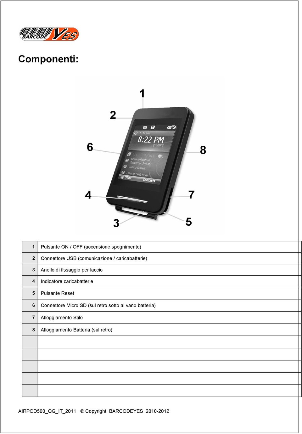 Indicatore caricabatterie 5 Pulsante Reset 6 Connettore Micro SD (sul