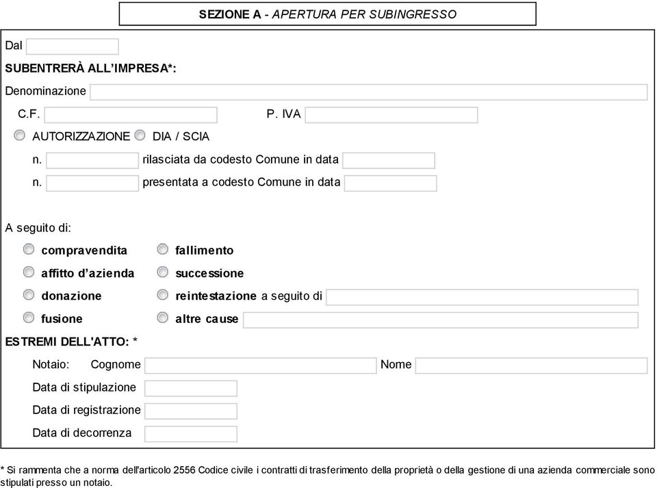 presentata a codesto Comune in data A seguito di: compravendita fallimento affitto d azienda successione donazione reintestazione a seguito di