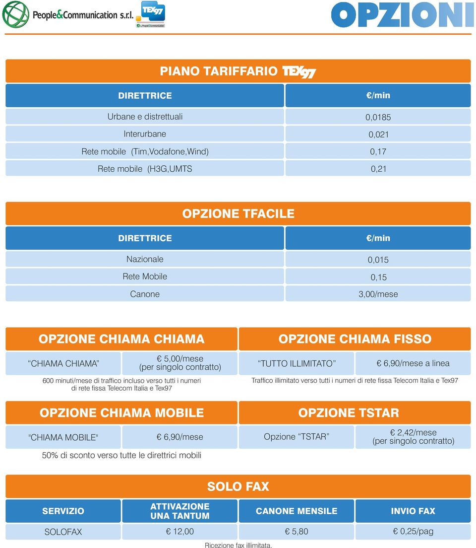 rete fissa Telecom Italia e Tex97 OPZIONE CHIAMA MOBILE OPZIONE CHIAMA FISSO TUTTO ILLIMITATO 6,90/mese a linea Traffico illimitato verso tutti i numeri di rete fissa Telecom Italia e Tex97